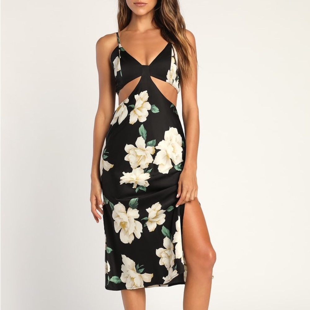 Lulu’s Black Floral Print Satin Cutout Midi Dress